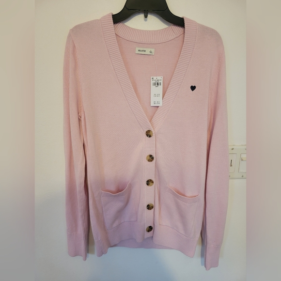 Hollister Sweaters - Hollister Light Pink V-Neck Button Cardigan with Heart Detail